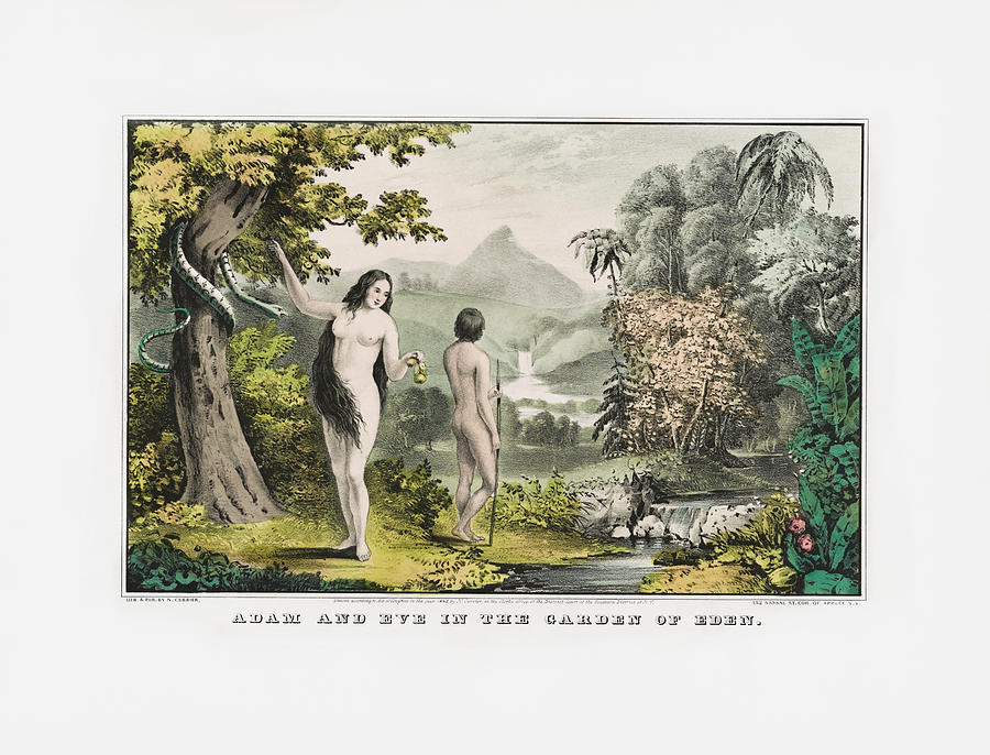 Adam And Eve In The Garden Of Eden - Vintage Lithograph - 1848 Mixed Media by War Is Hell Store