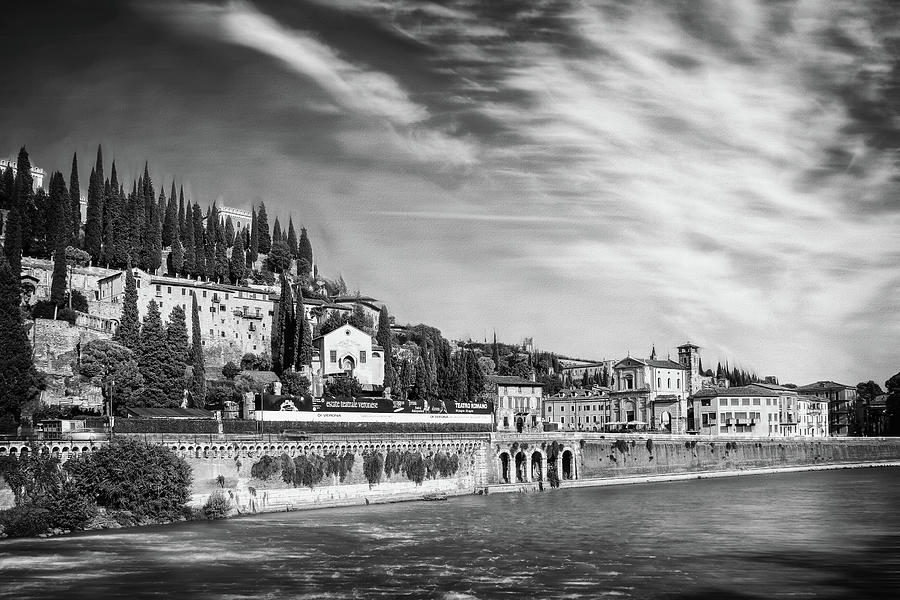 City Photograph - Adige River and Roman Theatre Verona Italy Black and White  by Carol Japp