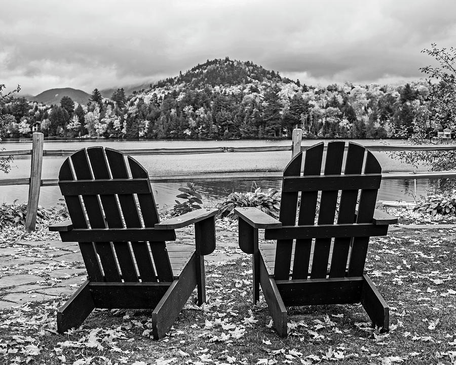 Adirondack Chairs in the Adirondacks. Mirror Lake Lake Placid NY New York Black and White Photograph by Toby McGuire