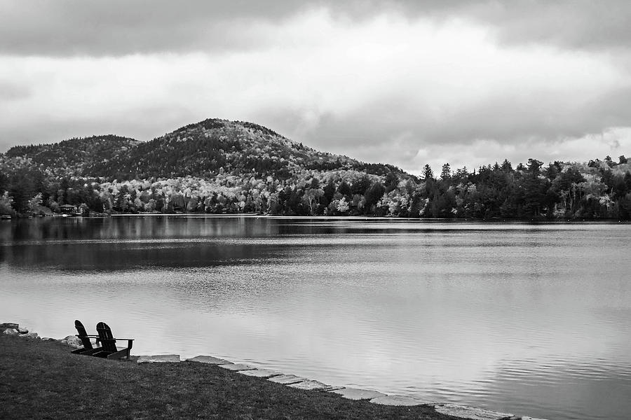 Adirondack Chairs in the Adirondacks. Mirror Lake Lake Placid NY New York Mountain Black and White Photograph by Toby McGuire
