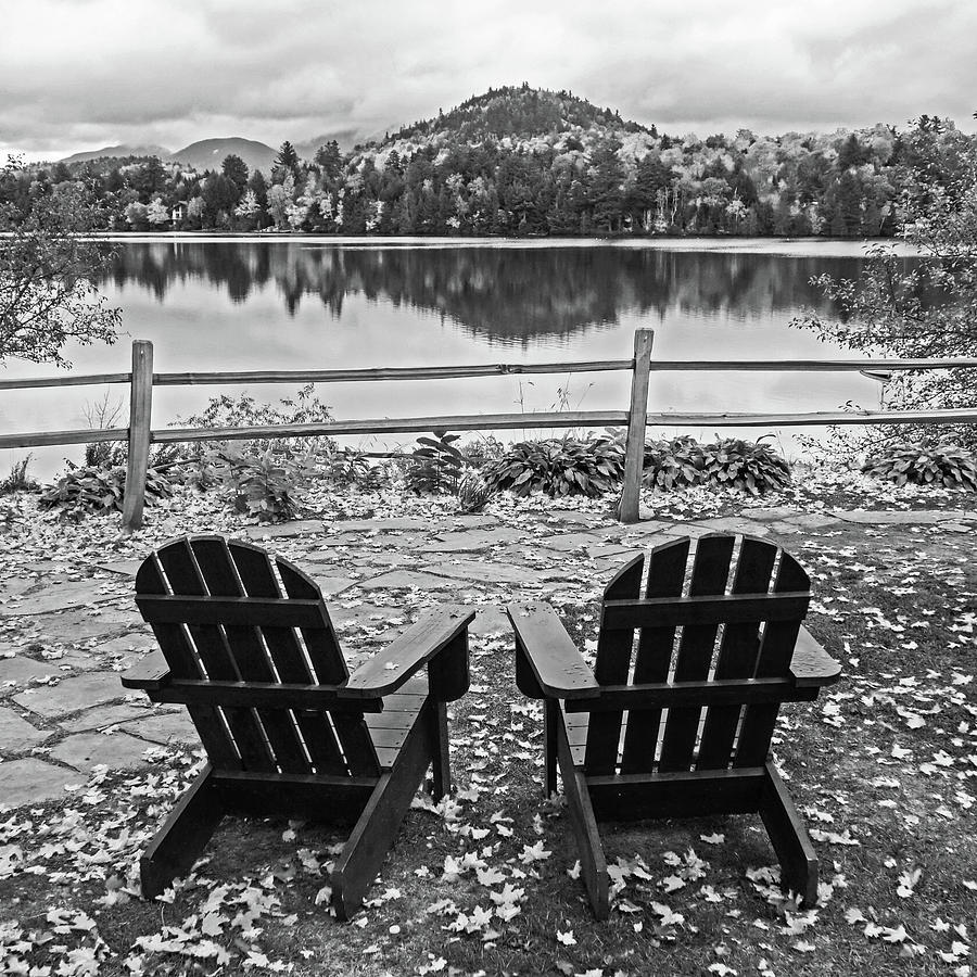Adirondack Chairs in the Adirondacks. Mirror Lake Lake Placid NY New York Reflection Black and White Photograph by Toby McGuire