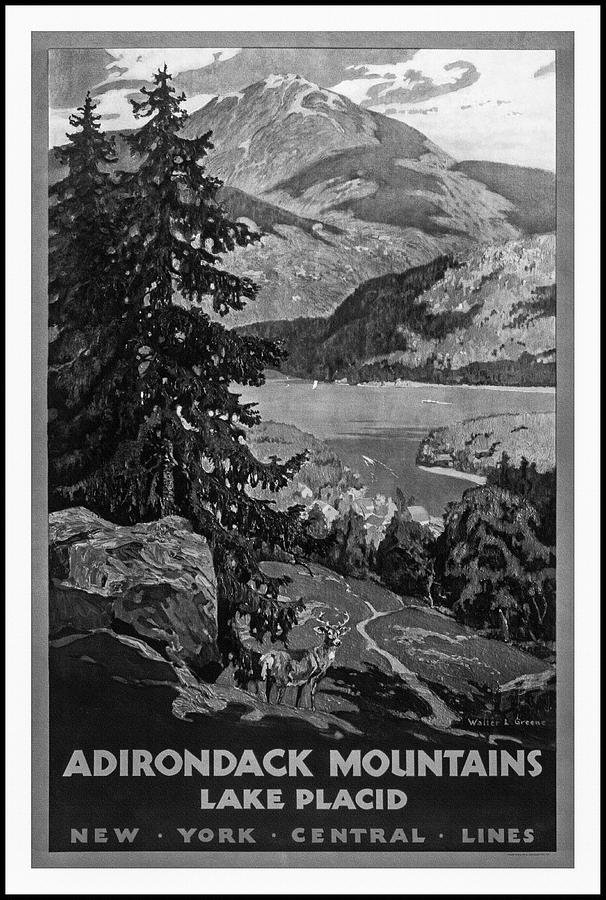 Adirondack Mountains Lake Placid Vintage Travel Poster Black and White  Photograph by Carol Japp