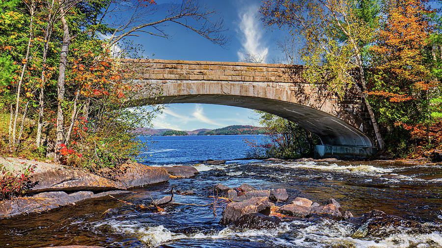 Adirondacks Autumn at Bog River Falls Bridge Photograph by Ron Long Ltd Photography