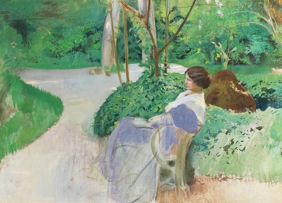 Adolf Hiremy Hirschl The artist s wife in a park Painting by MotionAge Designs