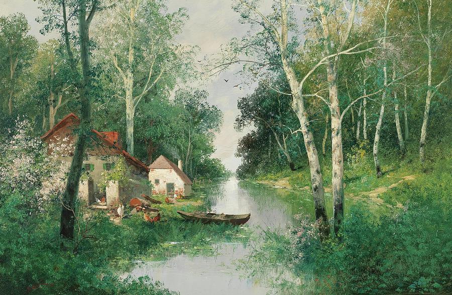 Adolf Kaufmann  1848 1916 Vienna A River Landscape in Spring Painting by MotionAge Designs