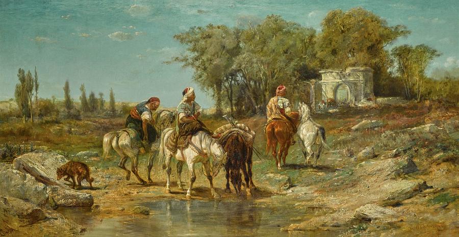 Adolf Schreyer German 1828 - 1899 Horsemen at a Watering Place Painting by Artistic Rifki