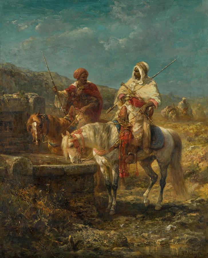 Adolf Schreyer German 1828 - 1899 Horsemen at a Well Painting by Artistic Rifki