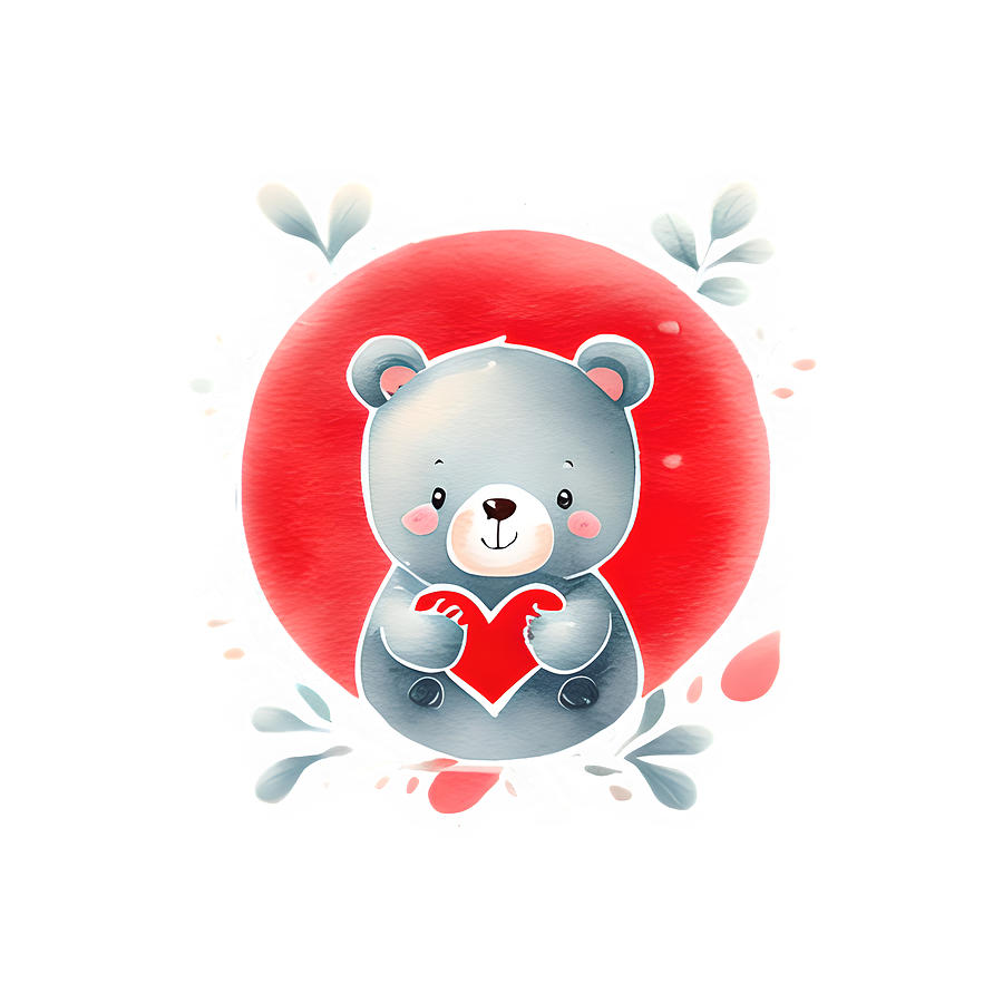 Adorable Baby Bear with Red Heart Graphic Digital Art by Amalia Suruceanu