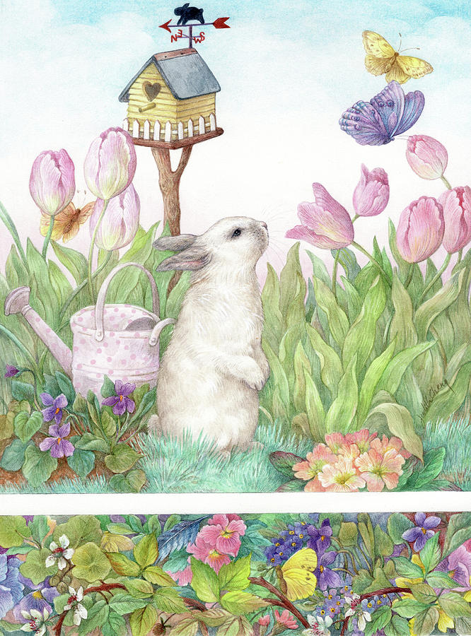 Adorable Bunny and Tulips Painting by Judith Cheng