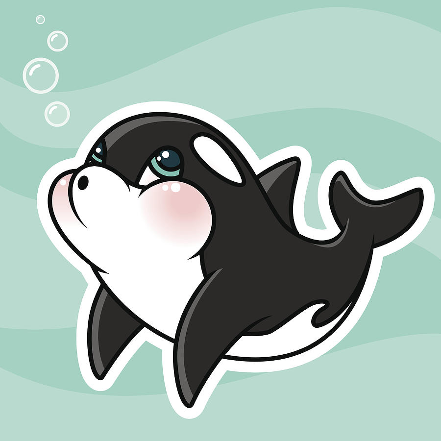 Adorable Kawaii Orca Character Blowing Bubbles Drawing by Bortonia