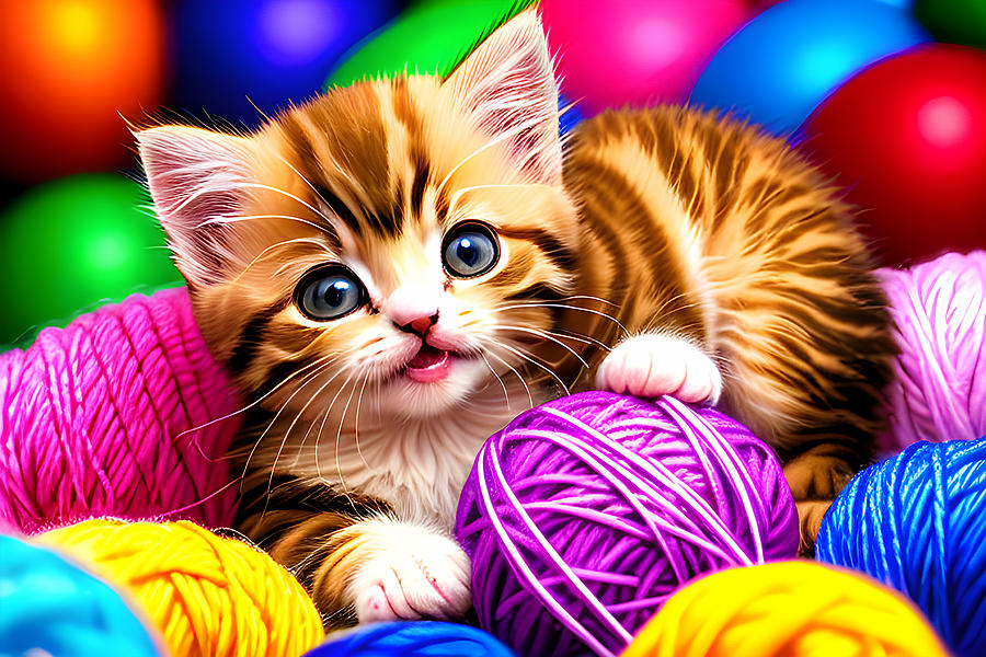 Adorable Kitten With Balls of Yarn Digital Art by Jill Nightingale