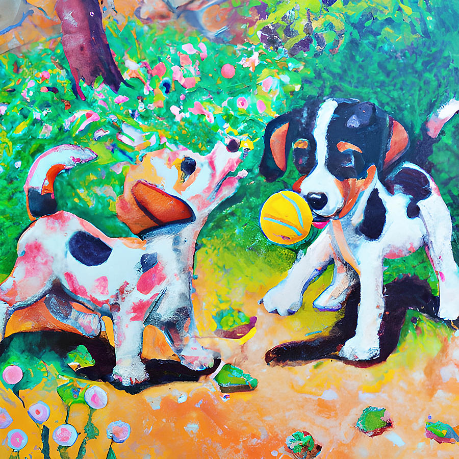 Adorable Puppies Playing in Garden Digital Art by Amalia Suruceanu