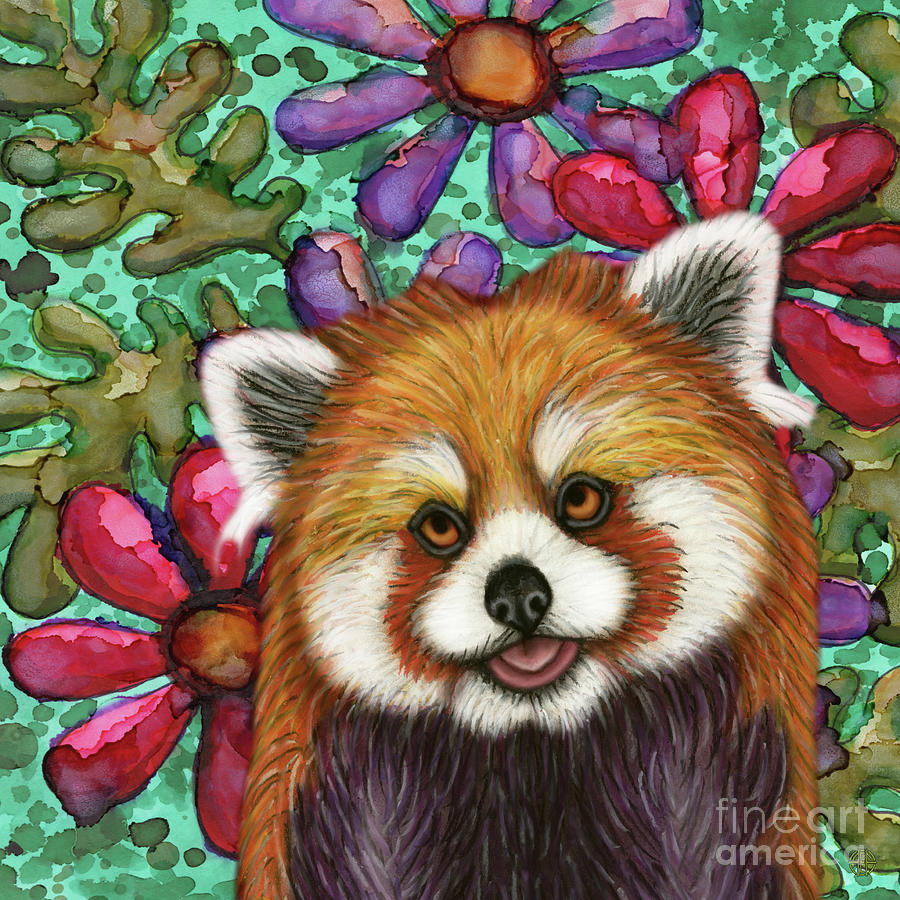 Nature Painting - Adorable Red Panda Floral by Amy E Fraser