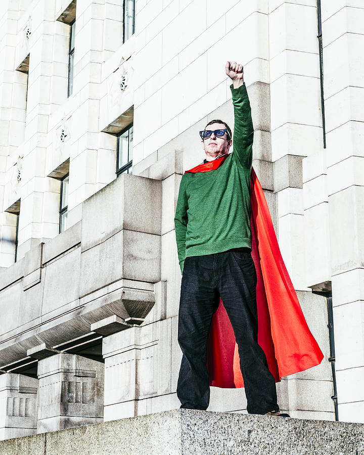 Adult Man Red Cape, Nerd Superman, Raised Arm For Take Off Photograph by JohnnyGreig