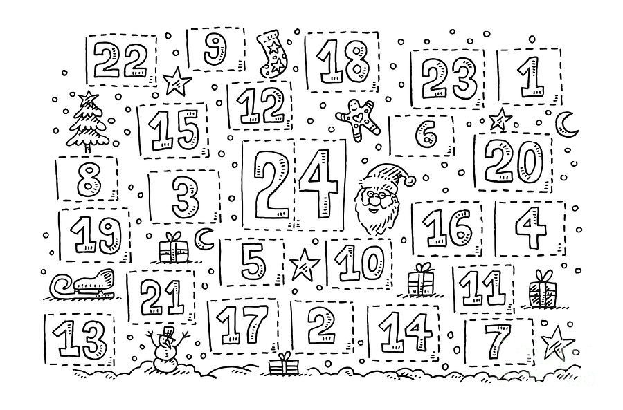 Black And White Drawing - Advent Calendar Christmas Symbols Drawing by Frank Ramspott