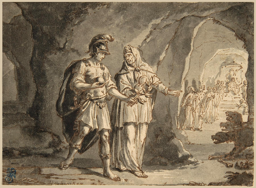 Aeneas and the Sibyl in the Underworld Drawing by Arnold Houbraken