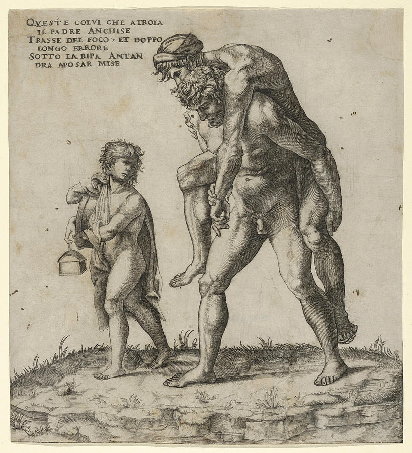 Aeneas rescuing Anchises, a young boy carrying a lantern at left Drawing by Giovanni Jacopo Caraglio