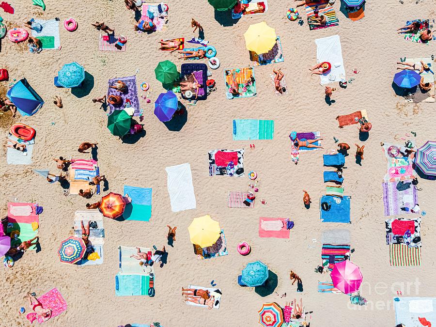Aerial Beach Colorful Summer Umbrellas Print, Coastal Beach Print ...