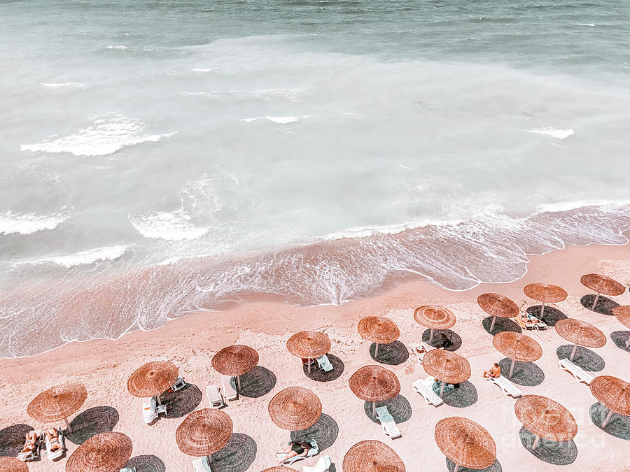 Aerial Coastal Beach Print, Ocean Beach Art Print, Summer Umbrellas On Beach, Holiday Time, Hot Sand Photograph