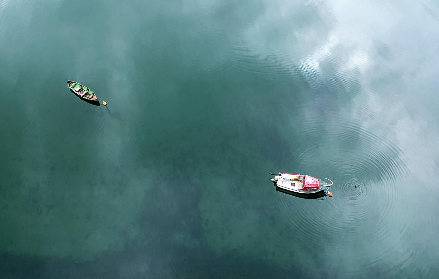 Aerial, drone image of two fishing boats in water Photograph by Michalakis Ppalis