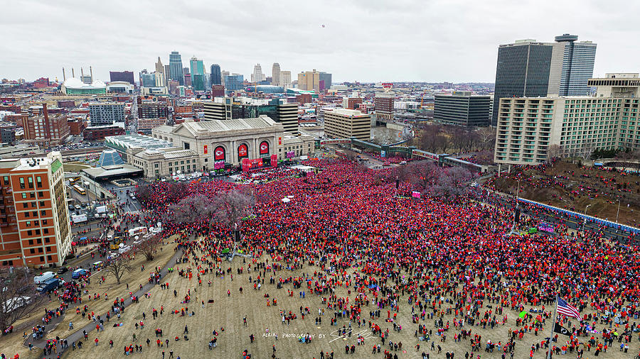 Aerial Drone Panorama of Chiefs Super Bowl Parade in Kansas City