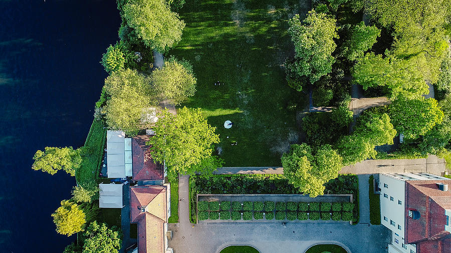 Aerial Drone Shot of a Wedding Party Standing in the Grounds of a Picturesque Building in Berlin, Germany Summertime Photograph by Morten Falch Sortland