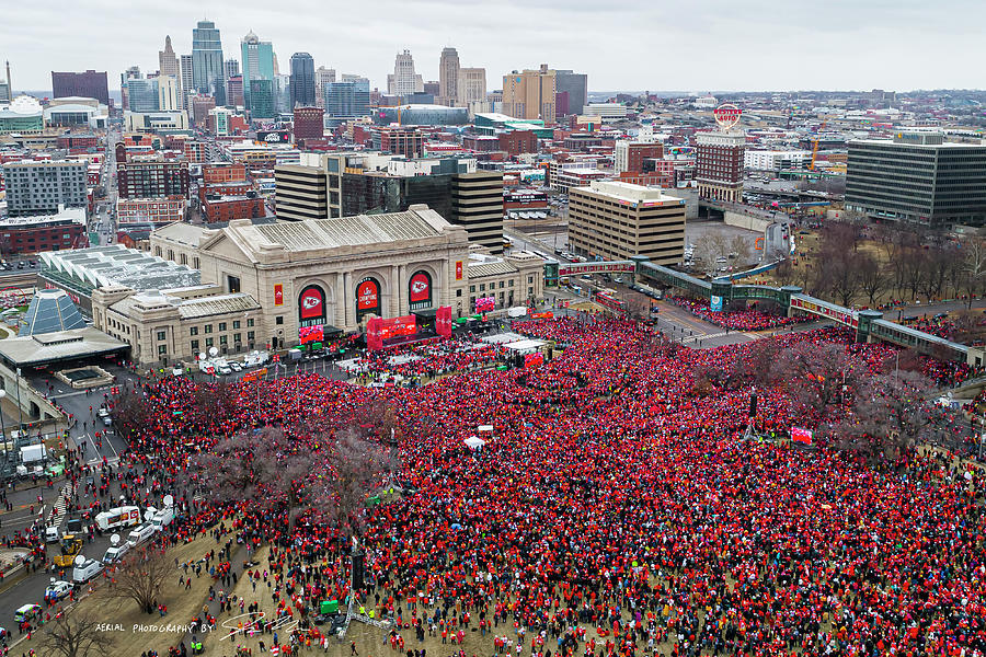 Aerial Drone Shot of Chiefs Super Bowl Parade in Kansas City