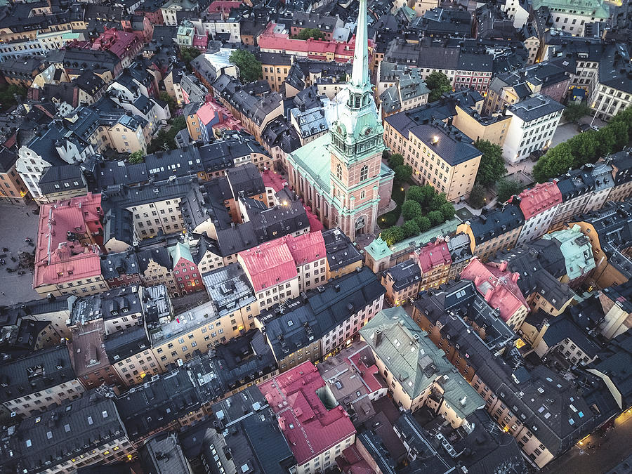 Aerial drone view of Riddarholm Church and Riddarholmen city skyline, Stockholm, Sweden. Taken by drone from above. Photograph by Lingxiao Xie