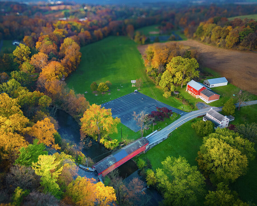 Aerial Fall Landscape Manassas Guth Covered Bridge Photograph by Jason Fink