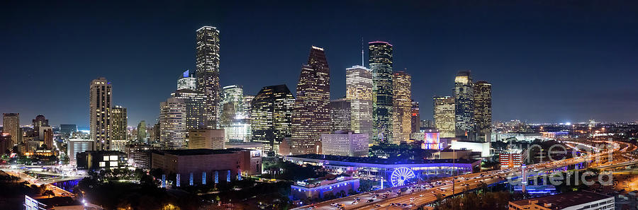 Aerial Houston Skyline Night Pano Photograph by Bee Creek Photography - Tod and Cynthia