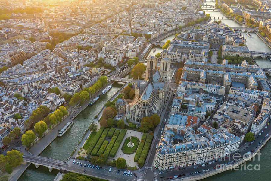 Aerial Ile De La Cite And Notre Dame Sunset Light Photograph