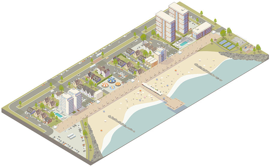Aerial isometric beach town Drawing by Mathisworks