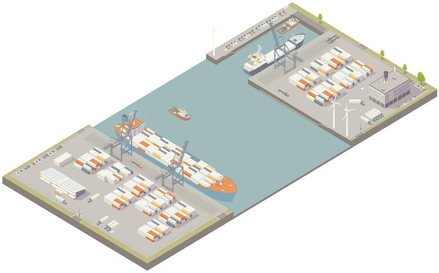 Aerial isometric cargo port Drawing by Mathisworks
