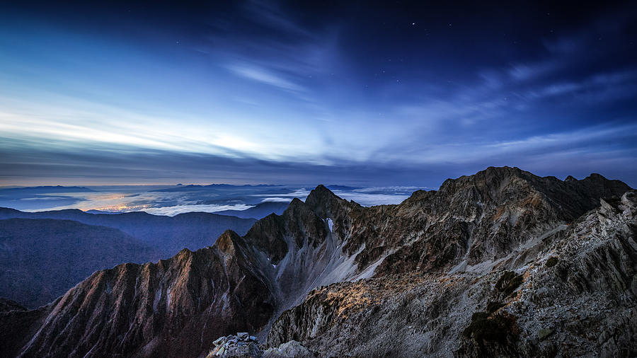 Aerial landscape of Japan Alps at night Photograph by Sergey Alimov