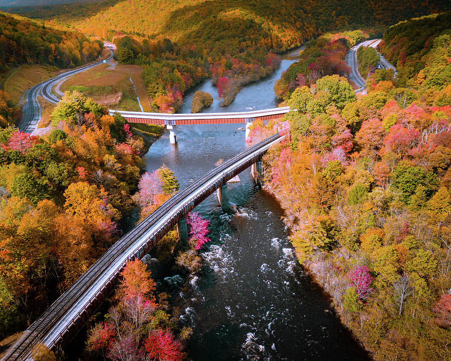 Aerial Lehigh Gorge Trail Bridge Fall Foliage Photograph by Jason Fink