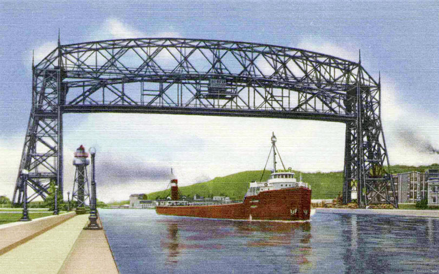 Aerial Lift Bridge with Freighter Photograph by Zenith City Press