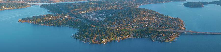 Seattle Photograph - Aerial Mercer Island North Panorama and Bridges by Mike Reid