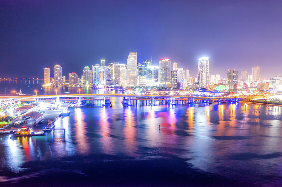 Aerial Miami Skyline Night Long Exposure In Miami Beach And Macarthur Causeway Photograph