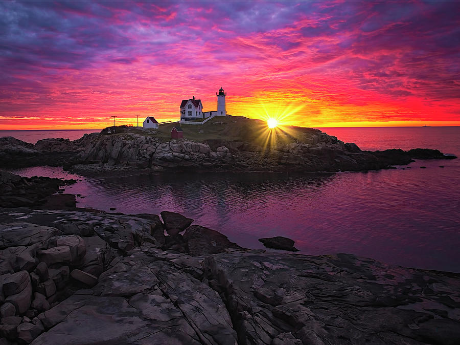 Aerial Nubble Lighthouse Sunrise Photograph by Susan Candelario - Fine ...