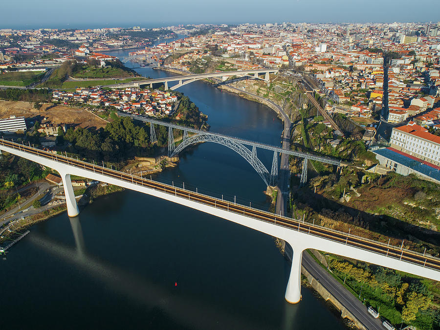Aerial of bridges and Douro river in Porto Photograph by Mikhail Kokhanchikov