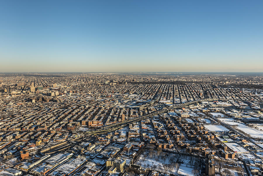 Aerial of Brooklyn New York in winter snow covered Photograph by Nisian Hughes