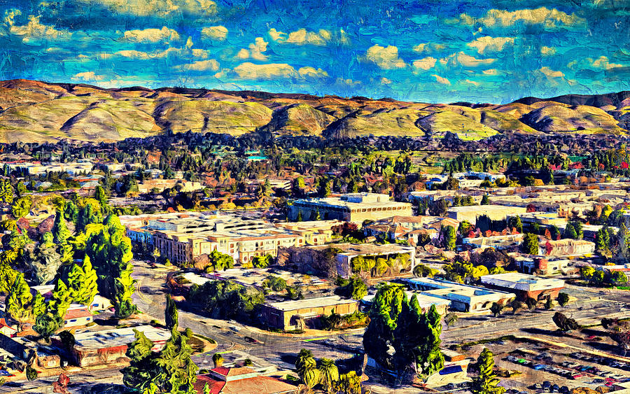 Aerial of downtown Fremont, California - digital painting Digital Art by Nicko Prints
