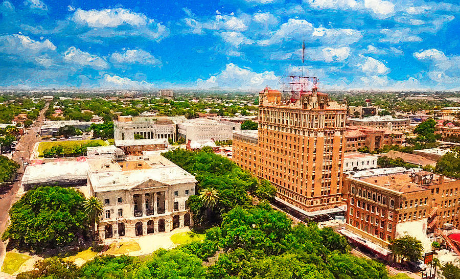 Aerial of downtown Laredo, Texas - digital painting Digital Art by Nicko Prints