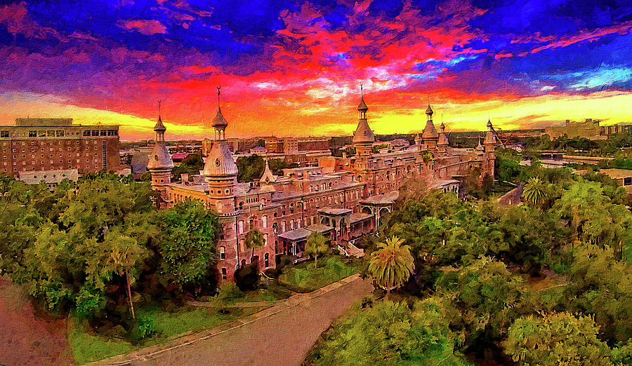 Aerial of Henry B. Plant Museum in Tampa, Florida, at sunset - digital painting Digital Art by Nicko Prints