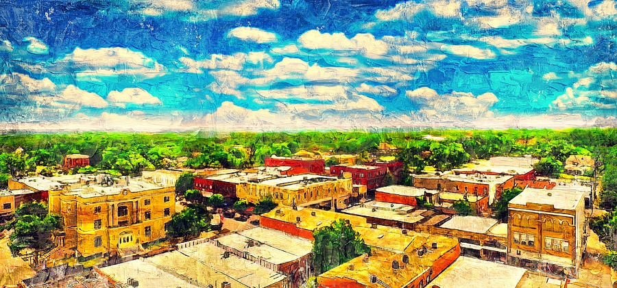 Aerial of Historic Downtown McKinney, Texas - digital painting Digital Art by Nicko Prints
