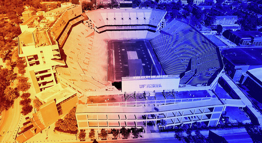 Aerial of the Ben Hill Griffin Stadium in Gainesville, Florida - orange and blue Digital Art by Nicko Prints