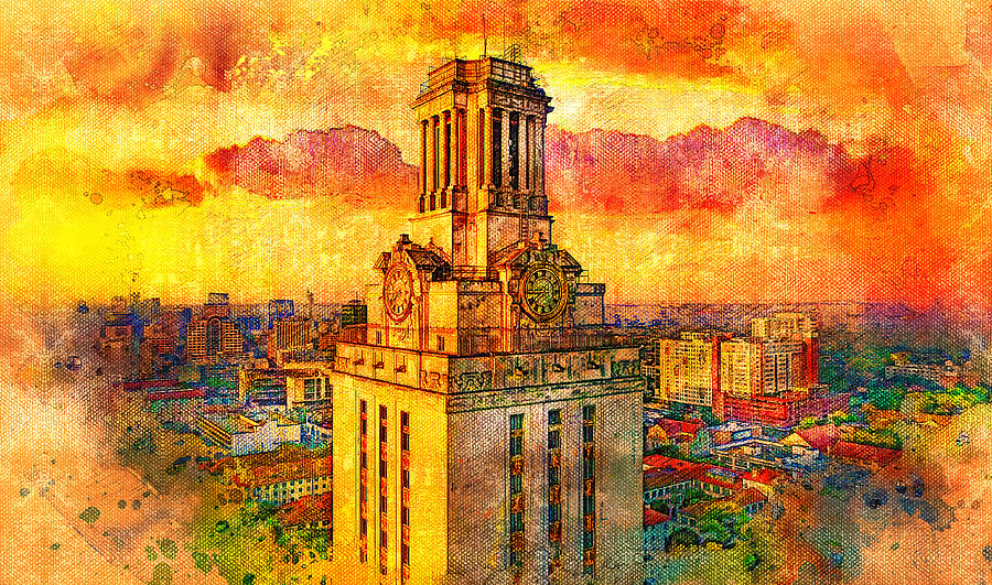 Aerial of the Main Building of the University of Texas at Austin - digital painting Digital Art by Nicko Prints
