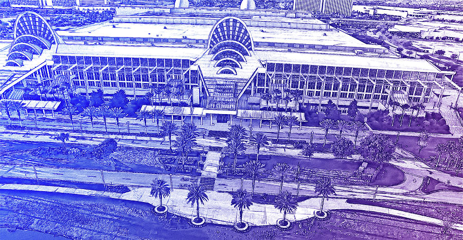 Aerial of the Orange County Convention Center in Orlando, Florida - blue and violet Digital Art by Nicko Prints