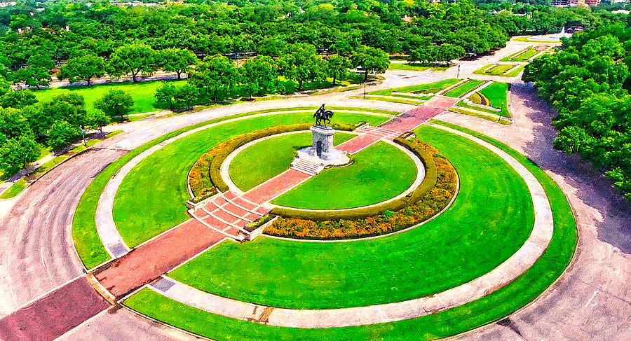Aerial of the Sam Houston Monument in the Hermann Park, Houston, Texas - digital painting Digital Art by Nicko Prints