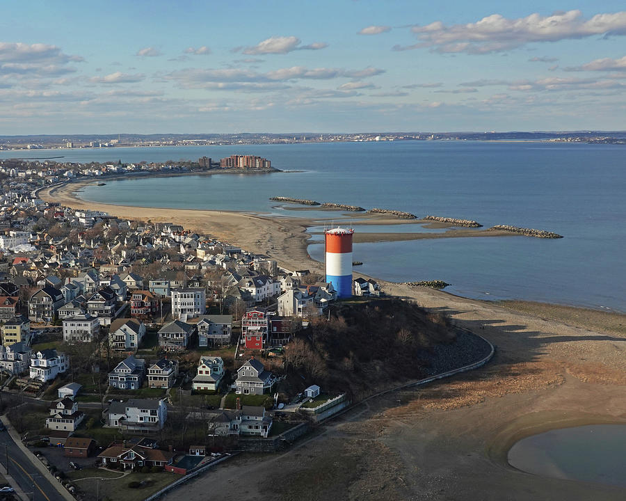 Aerial of the Winthrop Coastline Five Sisters Water Tower Winthrop Beach Winthrop Shore Reservation Photograph by Toby McGuire